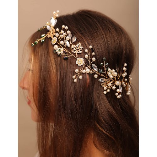 YETTER Wedding Bridal Floral Pearl Green Crystal Maple Pearl Headband Wedding Rhinestone Crystal Headband Hair Vine Beads Hair Band Bridal Headpieces for Bride Bridesmaid Flower Girl Wedding Prom Birthday Party