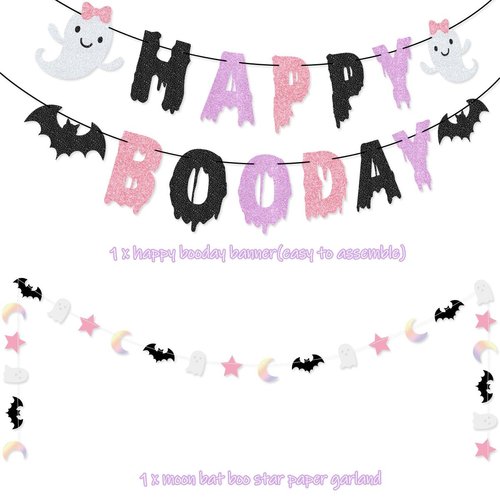 Pink Purple Halloween Birthday Party Pack Happy Boo Day Banner Cake Topper Halloween Ghost Bat Balloons for Girls' Pink and Purle Halloween Birthday Decorations