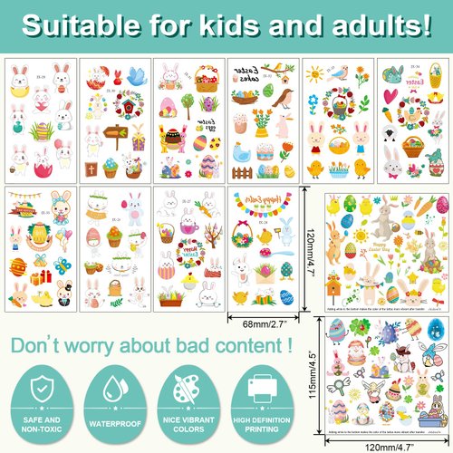 CUTELIILI Easter Temporary Tattoos for Kids 140+ pcs, 12 Sheets Easter Egg and Bunny Fake tattoo for Boys and Girls,Easter Basket Stuffers