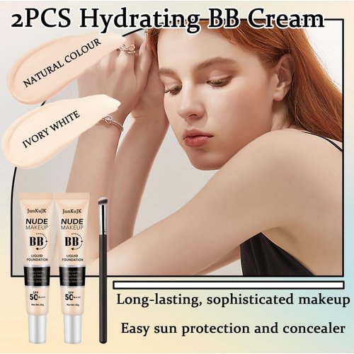 2PCS Hydrating BB Cream,Full Coverage Concealer Liquid Foundation for All Skin Types,Face Sunscreen SPF 50 PA++++ Long Lasting Moisturizing Oil Control Foundation Makeup Brush Set（Ivory & Natural）