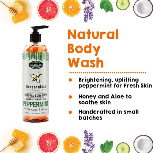 Beessential Natural Body Wash, Peppermint, Sulfate-Free Bath and Shower Gel with Essential Oils for Men & Women, 16 oz