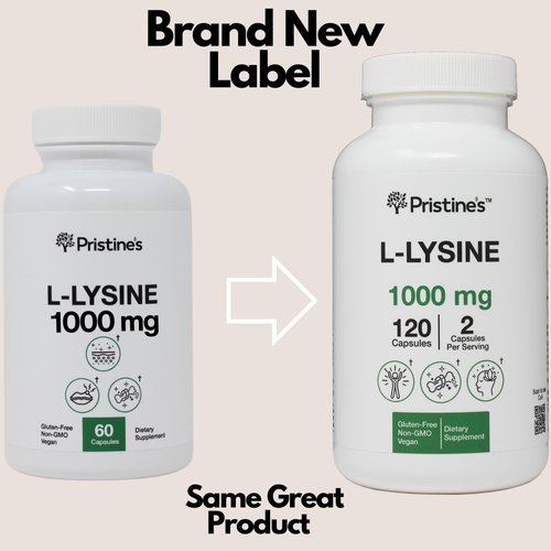 PRISTINE'S L Lysine 1000MG 60 Day Supply - Lip & Gum Health Essential Amino Acid & Immunity Support Supplement - Optimal Muscle & Tissue Support - Collagen Production - Vegan - Gluten Free