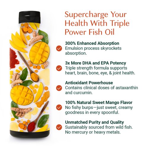 ALGAECAL Triple Power 1200mg EPA & DHA Omega-3s Fish Oil Supplement, Supporting Brain, Heart, Skin & Bones, Liquid Emulsion Mango Taste, Burp-Less, Sugar-Free
