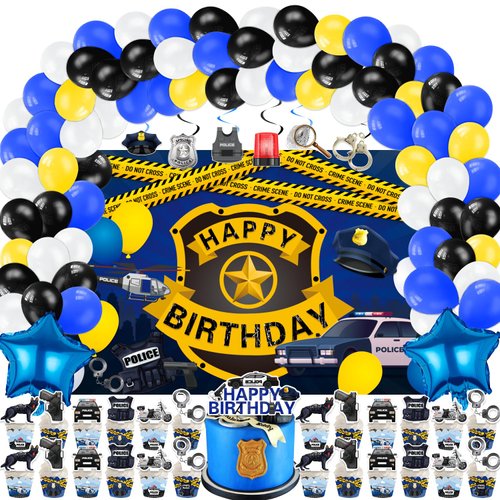 LXlucktim Police Birthday Party Supplies, 159 Pcs Police Cars Party Decorations for Girl Boy Baby - Backdrop, Cake, and Cupcake Toppers, Balloons, Cupcakes Wrappers, Hanging Swirls