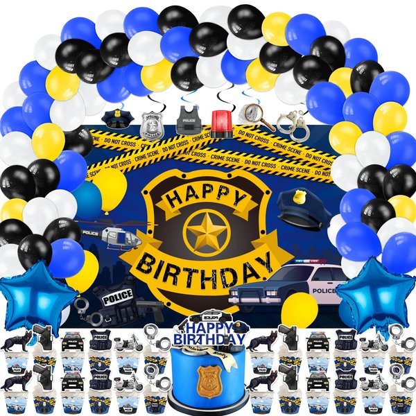 LXlucktim Police Birthday Party Supplies, 159 Pcs Police Cars Party Decorations for Girl Boy Baby - Backdrop, Cake, and Cupcake Toppers, Balloons, Cupcakes Wrappers, Hanging Swirls