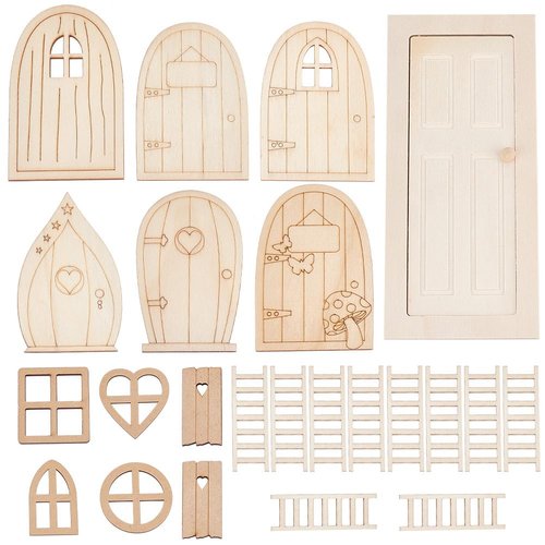 OLYCRAFT 1 Set/23pcs Mini Dollhouse Door Kit Miniature Wooden Door Window Set Wooden Doors Miniature Furniture Ladders Door Set for Miniature House Furniture Decoration Accessory