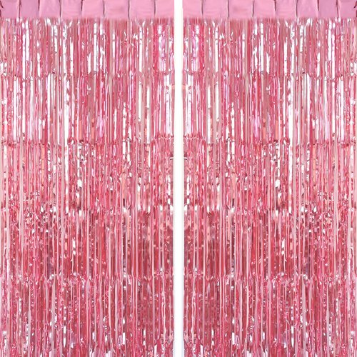 CHRORINE 2pcs 3ft x 8.3ft Pink Tinsel Foil Fringe Curtains Streamers Backdrop for Pink Party Birthday Wedding Bachelorette Baby Shower Bridal Shower Decorations