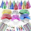 Foilswirl 120 Pcs New Years Eve Party Supplies 2025 Happy New Year Cone Hats Glitter Headband Tiara Beaded Necklace Tassel Squawkers Curled Squawkers(Red, Green, Gold, Blue, Purple, Silver)