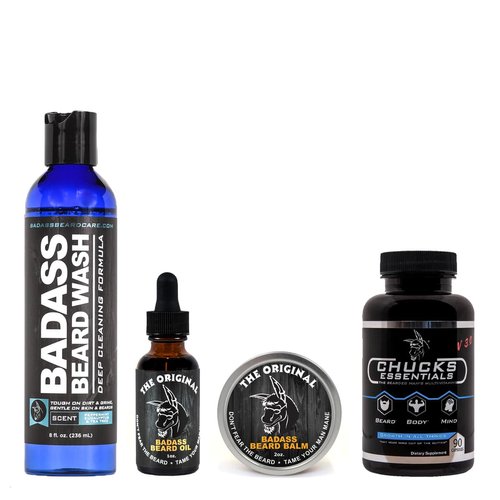 Badass Beard Care Growth Kit for Men Consists of Beard Oil, Balm or Wax, Beard Wash & The Bearded Mans Multivitamin - Natural Ingredients & Keeps Beard Full, Soft and Healthy