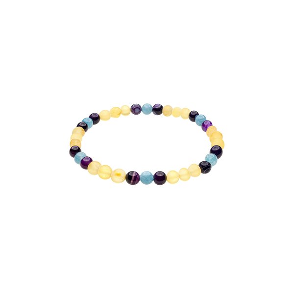 Genuine Amber Bracelet From Baltic Sea Made with Elastic Band Unpolished Lemon Aquamarine & Violet Agate 18 cm (7.1 Inches).