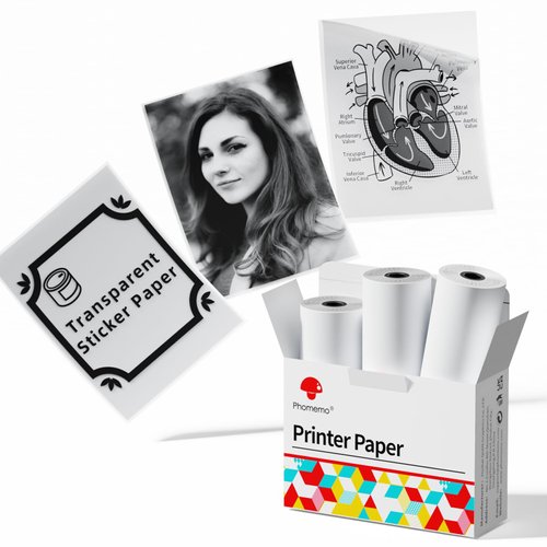 Phomemo Adhesive Transparent Thermal Paper, for Phomemo M02/M02 Pro/M02S/M03/M04S Mini Thermal Printer, 50mm x 3.5m, Diameter 30mm, 3 Rolls