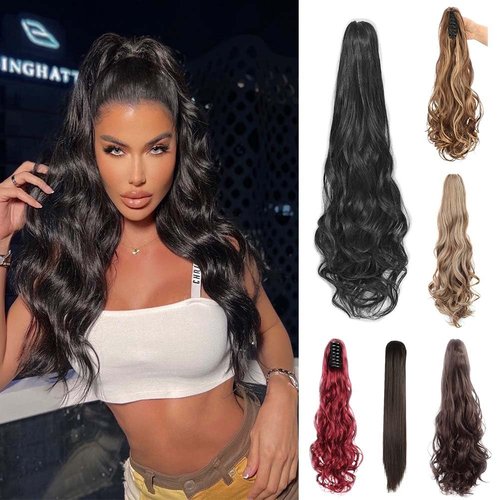 Manetique Ponytail Extension Detachable Claw Clip in Ponytail with Drawstring 24" Curly Pony Tails Hair Extensions for Woman Synthetic Wavy Natural Soft Ponytail for Daily Use (24 inch, Black)