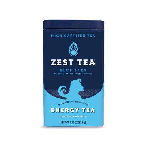 Zest Tea Premium Energy Hot Tea, High Caffeine Blend Natural & Healthy Traditional Black Coffee Substitute, Perfect for Keto, 150 mg Caffeine per Serving, Blue Lady Black Tea, Tin of 15 Sachet Bags