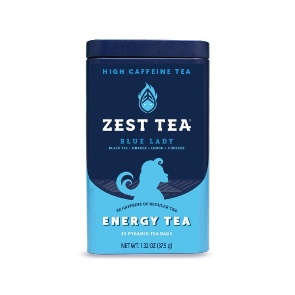 Zest Tea Premium Energy Hot Tea, High Caffeine Blend Natural & Healthy Traditional Black Coffee Substitute, Perfect for Keto, 150 mg Caffeine per Serving, Blue Lady Black Tea, Tin of 15 Sachet Bags