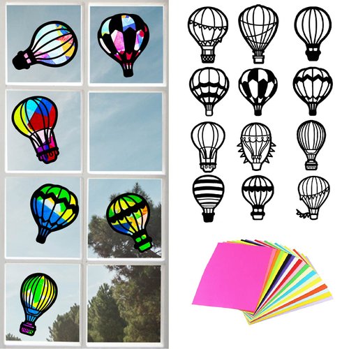 ORIGACH 24 Pieces Suncatcher Kit, 12 Types Hot Air Balloon Tissue Paper Stained Glass Kit with 32 Pieces Colored Tissue Paper for Kid Art Craft Window Art Classroom Art Craft