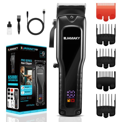 JAMAKY Professional Hair Clippers for Men, Black Barber Shop Clipper, Ceramic & Carbon Steel Blades Rechargeable Hair Trimmer for Home Use