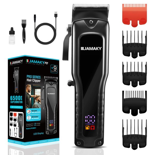 JAMAKY Professional Hair Clippers for Men, Black Barber Shop Clipper, Ceramic & Carbon Steel Blades Rechargeable Hair Trimmer for Home Use