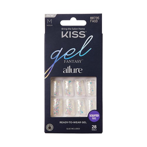 KISS Gel Fantasy Press On Nails, Nail glue included, 'How Dazzling', Silver, Medium Size, Square Shape, Includes 28 Nails, 2g glue, 1 Manicure Stick, 1 Mini File