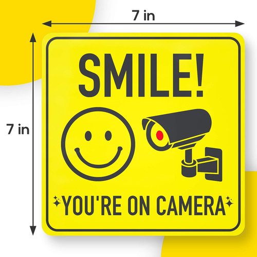 ASSURED SIGNS Smile You're On Camera Signs Stickers - 7 X 7 Inch - 8 Pack - Polite Video Surveillance Security Sign to Prevent Trespassing on Your Private Property - Perfect for House, Business, Yard or Driveway