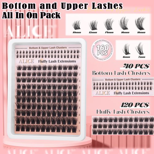 Fluffy Lash Extensions Kit 6-18mm Wispy Volume Lash Clusters Kit Cluster Eyelash Extension Kit 160pcs CD Curl Individual Lashes Kit with Bottom Lashes Lash Glue Self Application at Home by ALICE