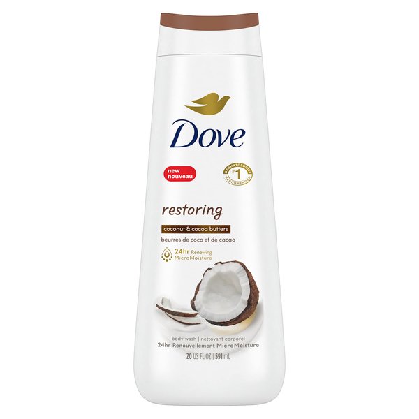 Dove Body Wash Restoring Coconut & Cocoa Butter for Renewed, Healthy-Looking Skin Gentle Skin Cleanser That Effectively Washes Away Bacteria While Nourishing Your Skin 20 oz