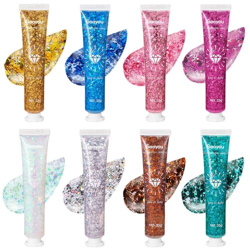 Face and Body Glitter 8PCS Body Glitter Face Glitter Gel, Singer Concerts Christmas Festival Rave Accessorie, Glitter Face Paint Holographic Chunky Glitter for Christmas Makeup
