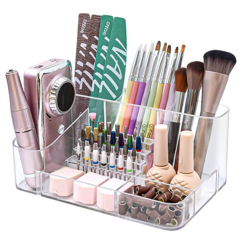 ANRUI Nail Drill Holder, 28 Holes Nail Drill Machine & Bits Storage Box, Acrylic Nail Drill Bits Holder, Professional Nail Drill Organnizer Box for Manicure tools - Transparent