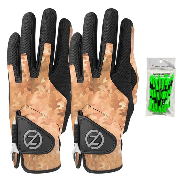 Zero Friction Men's Compression-Fit Synthetic Golf Glove, Universal Fit One Size (Pack of 2) with Pack of Golf Tees, Desert Camo