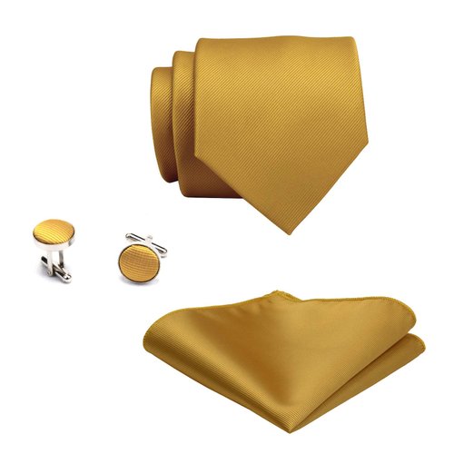 GUSLESON Brand Men's silk Solid Gold Yellow Tie Neckties and Pocket Square Cufflinks Sets (0789-11)
