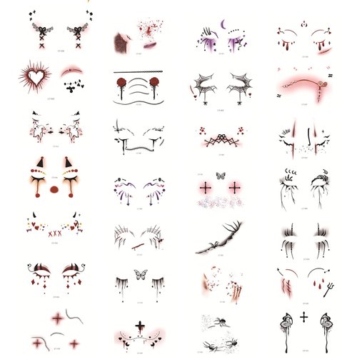 Halloween Face and Eye Temporary Tattoos Spider Blood Rose Bats Butterfly Scar Dark Waterproof Fashion Fake Tattoo Stickers Ideal for Halloween Party Looks and Cosplay, Makeup Tattoos Kit (28 Sheets)