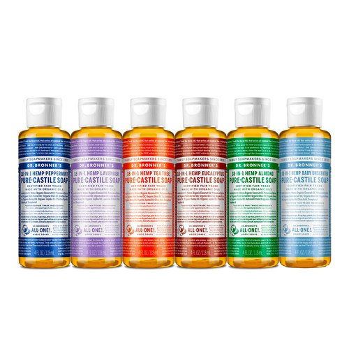 Dr. Bronner's - Pure-Castile Liquid Soap (4 oz Variety Pack) Peppermint, Lavender, Tea Tree, Eucalyptus, Almond, & Baby Unscented - 18-in-1 Uses
