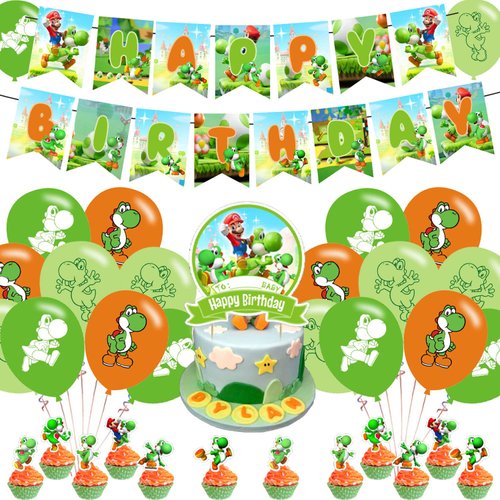Yoshi Party Decorations,Birthday Party Supplies For Mario Yoshi Party Supplies Includes Banner - Cake Topper - 12 Cupcake Toppers - 18 Balloons