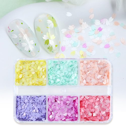 Tyuimhx 6 Colors Cherry Blossoms Nail Art Glitter Sequins 3D Flowers Nail Decorations Holographic Sakura Petal Nail Glitter Flakes Designs Nail Supplies for Women Girls Nail Crafts Accessories