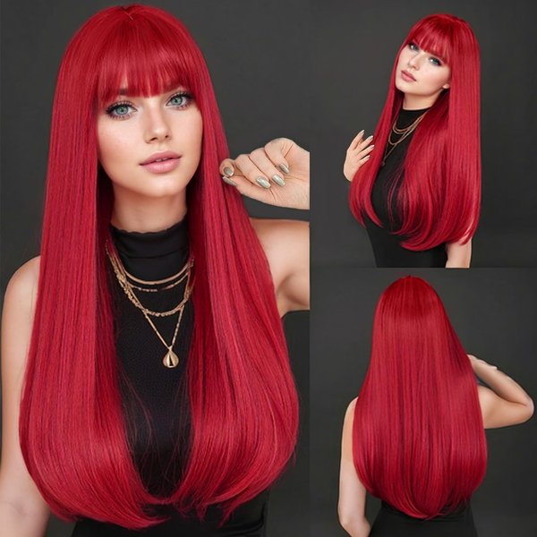 SUKRI Red Wig with Bangs Long Straight Wigs for Women Red Natural Looking Hair Synthetic Heat Resistant Womens Wig for Daily Party Cosplay Use 22 Inch