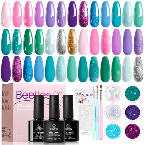Beetles Summer Mermaid Gel Nail Polish Set, 20 Colors Blue Green Pink Purple Shimmery Glitter Summer Gel Polish Kit with Base Gel Top Coat Nail Art Brushes Soak off Uv Nail Gel Gift for Girls