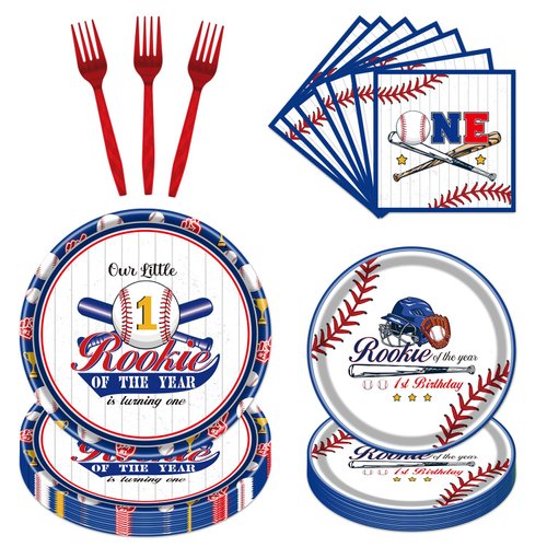 Rakuto Rookie of the Year First Birthday Plates 96PCS Rookie Year 1st Birthday Decorations 1st Baseball Birthday Plates and Napkins Forks Disposable Baseball Theme Tableware Set Boys 24 Guests