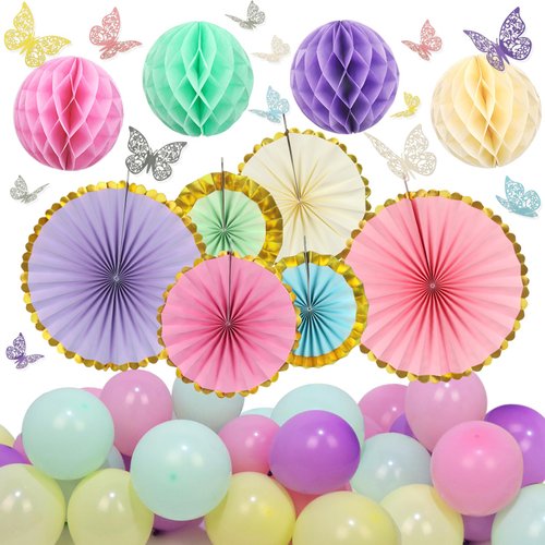 ZERODECO Pastel Party Decorations, 3D Butterfly Wall Decor Colorful Paper Honeycomb Fans Pompoms Balloons for Kids Baby Adults Boys Girls Pastel Baby Shower Birthday Decorations Party Supplies