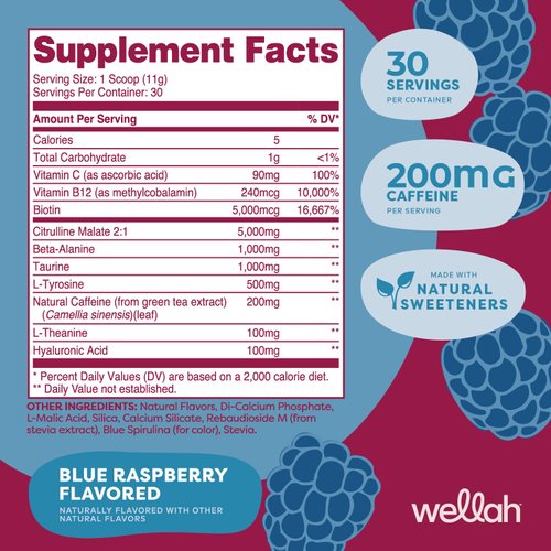 Wellah Get-Going Pre-Workout Drink Mix (Blue Raspberry Flavored, 30 Servings)