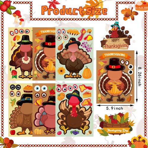 24Sheet Make-a-Turkey Stickers Thanksgiving Party Favors Supplies Stickers for Kids Turkey Games Crafts Stickers Autumn Fall Harvest Halloween Thanksgiving Decorations
