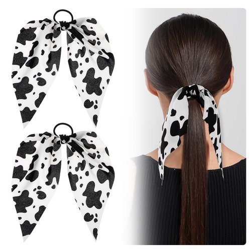 2 Pcs Cow Print Hair Band Bow Hair Ties Non-Slip Knotted Hair Ties White Scrunchies Leopard Scrun...