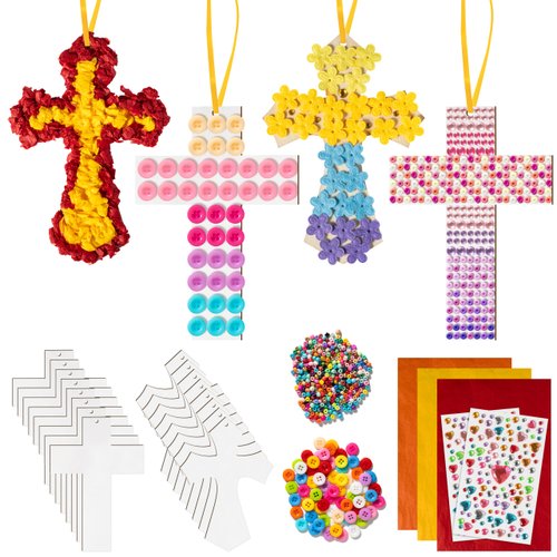 WATINC DIY Wooden Cross Craft Kit - 24 Sets Christian Gift for Kids Sunday School Bible School Church Activities,Unfinished Cross Wood Slices Crafts Supplies, Make Your Own Cross Hanging Decoration