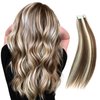 RINBOOOL Tape in Hair Extensions Human Hair 12 Inch 30 Gram, Platinum Blonde Highlighted Medium Brown 2 Tone Piano Color P6/60