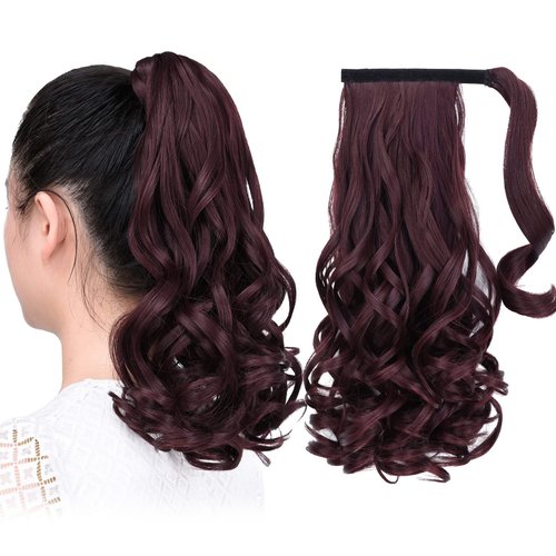 SYXLCYGG Wavy Ponytail Extension,Burgundy Wrap Around Clip in Ponytails 16" 4.2 Oz Synthetic Women Black Hair Extensions Hair Piece Wig