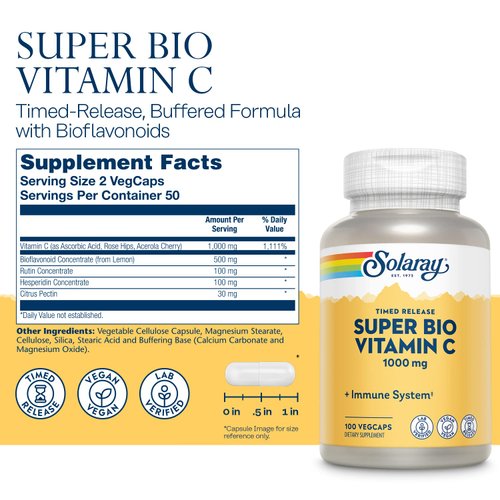 SOLARAY Super Bio Vitamin C 1000mg, Buffered, Time Release Capsules with Bioflavonoids, Two-Stage for High Absorption & All Day Immune Support, Vegan, 60 Day Guarantee, 50 Servings, 100 VegCaps