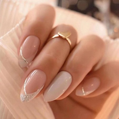 DOCVOEOMH Almond Shaped Press on Nails Medium French Acrylic Fake Press Ons Nails with Glitter Line Design Glue on Glossy Full Cover Artificial False Stick on Nail for Girls Women Daily Wear 24PCS