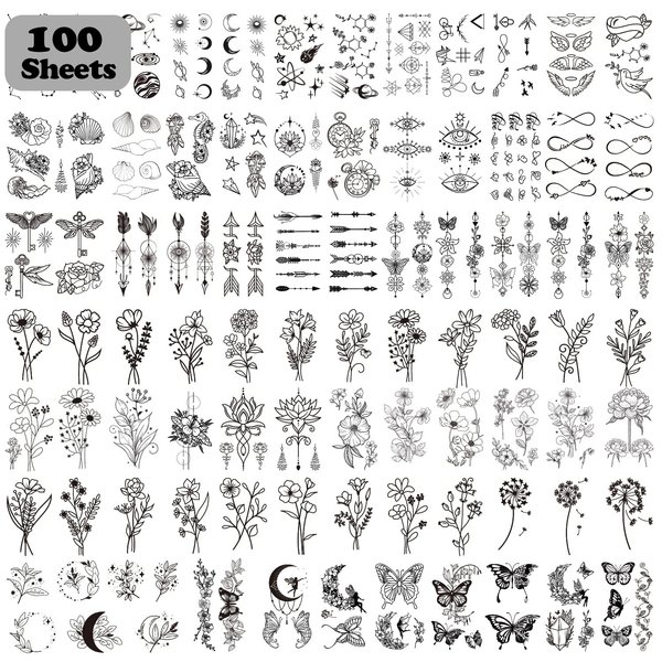 Cerlaza 100 Sheets Temporary Tattoos for Women Adult, 420 Mixed Styles Tiny Branch Fake Tattoo Stickers that Look Real and Last Long, Realistic Henna Tattoo for Girl Body Art Sticker