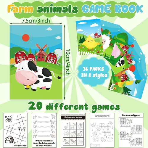 36 Pcs Farm Animals Mini Activity Books for Kids DIY Game Books Set with Cows Pigs Chickens Duck Sheep Patterns Mini Coloring Book Party Favors Goodie Bags Stuffers Classroom Back to School Supplies
