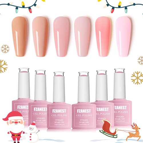 FZANEST Gel Nail Polish Jelly Nude Set,Sheer Natural Milky Pink 6 Colors Gel Polish Nail Kit Soak Off LED UV Varnish Nail Art Manicure Kit