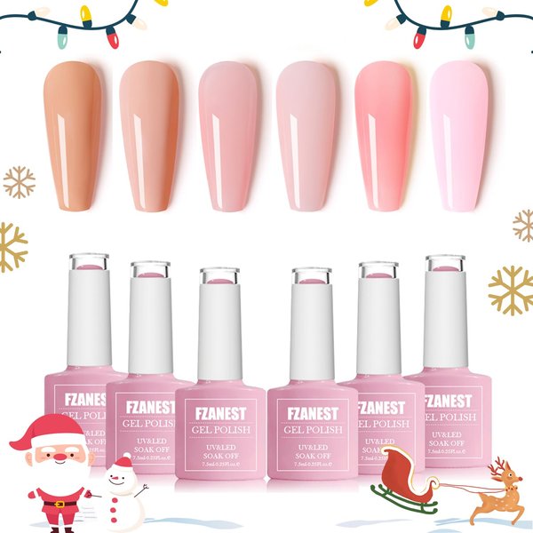 FZANEST Gel Nail Polish Jelly Nude Set,Sheer Natural Milky Pink 6 Colors Gel Polish Nail Kit Soak Off LED UV Varnish Nail Art Manicure Kit