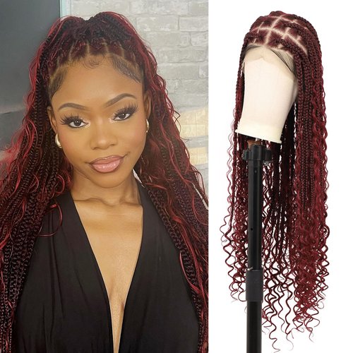 Olymei 360° HD Full Lace Braided Wigs Boho Braided Wigs Square Knotless Braided Wigs for Women Box Braid Wig with Boho Curly End Braided Lace Front Wigs with Baby Hair Human Hair Blended 36" Burgundy